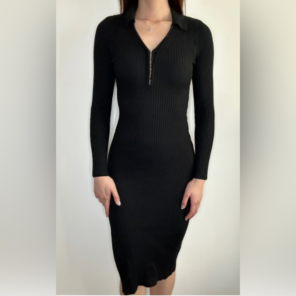 Abercombie & Fitch Ribbed Polo Midi Sweater Dress in Black